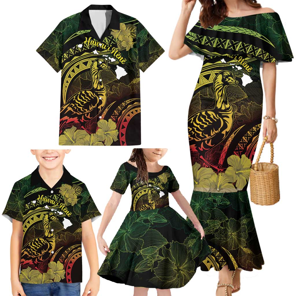 Personalised Hawaii Nene Goose Family Matching Mermaid Dress and Hawaiian Shirt Hawaiian Map Hibiscus Polynesian Art - Reggae Gradient