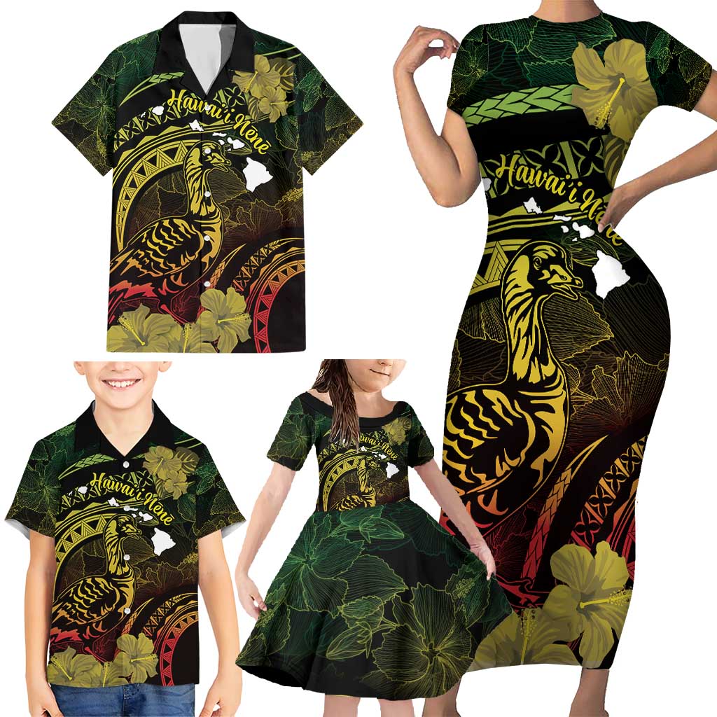 Personalised Hawaii Nene Goose Family Matching Short Sleeve Bodycon Dress and Hawaiian Shirt Hawaiian Map Hibiscus Polynesian Art - Reggae Gradient