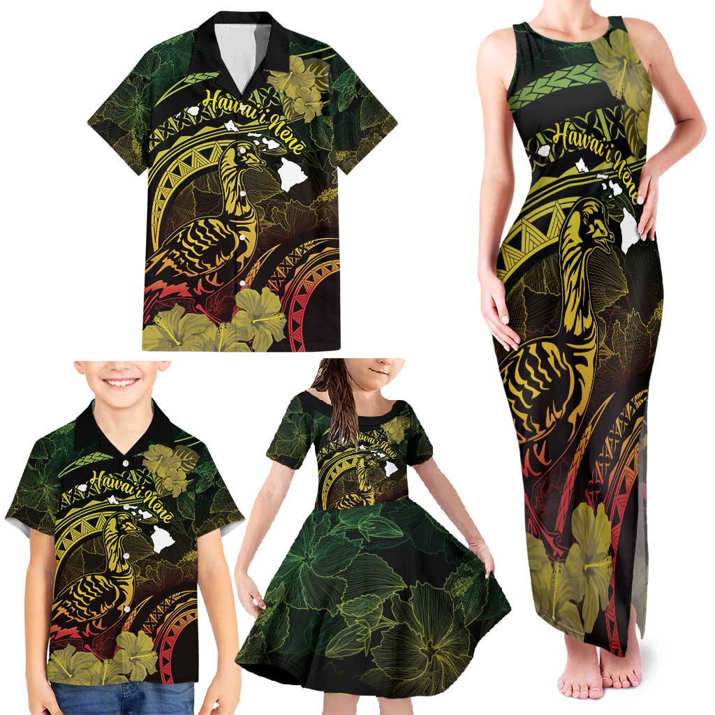 Personalised Hawaii Nene Goose Family Matching Tank Maxi Dress and Hawaiian Shirt Hawaiian Map Hibiscus Polynesian Art - Reggae Gradient