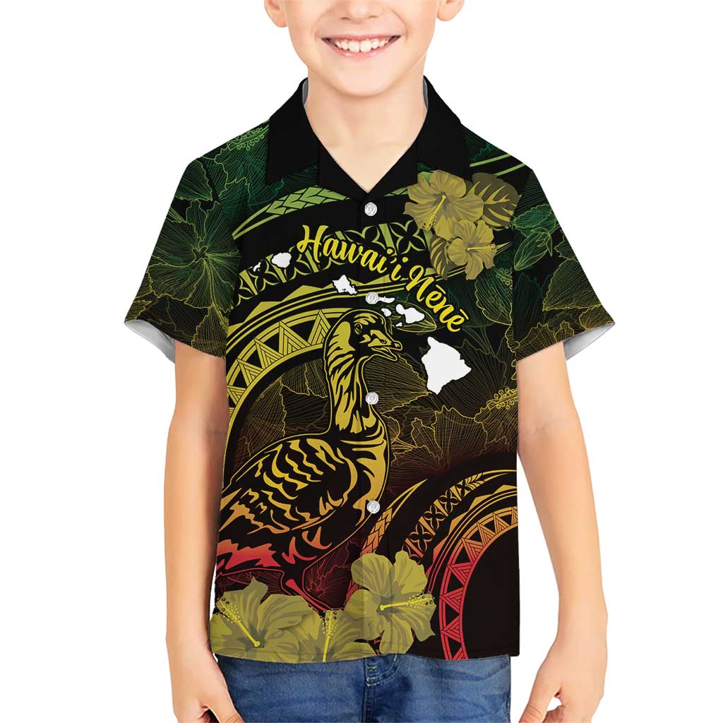 Personalised Hawaii Nene Goose Kid Hawaiian Shirt Hawaiian Map Hibiscus Polynesian Art - Reggae Gradient LT14 Kid Reggae - Polynesian Pride