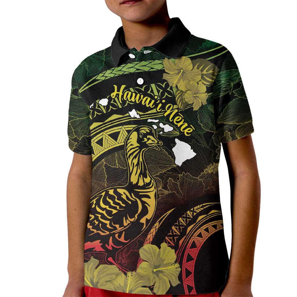 Personalised Hawaii Nene Goose Kid Polo Shirt Hawaiian Map Hibiscus Polynesian Art - Reggae Gradient LT14 Kid Reggae - Polynesian Pride