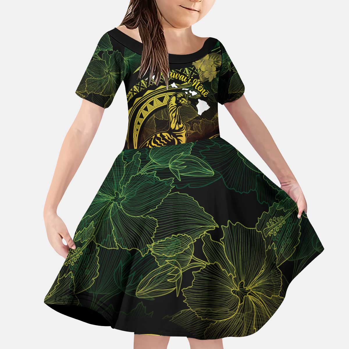 Personalised Hawaii Nene Goose Kid Short Sleeve Dress Hawaiian Map Hibiscus Polynesian Art - Reggae Gradient LT14 KID Reggae - Polynesian Pride