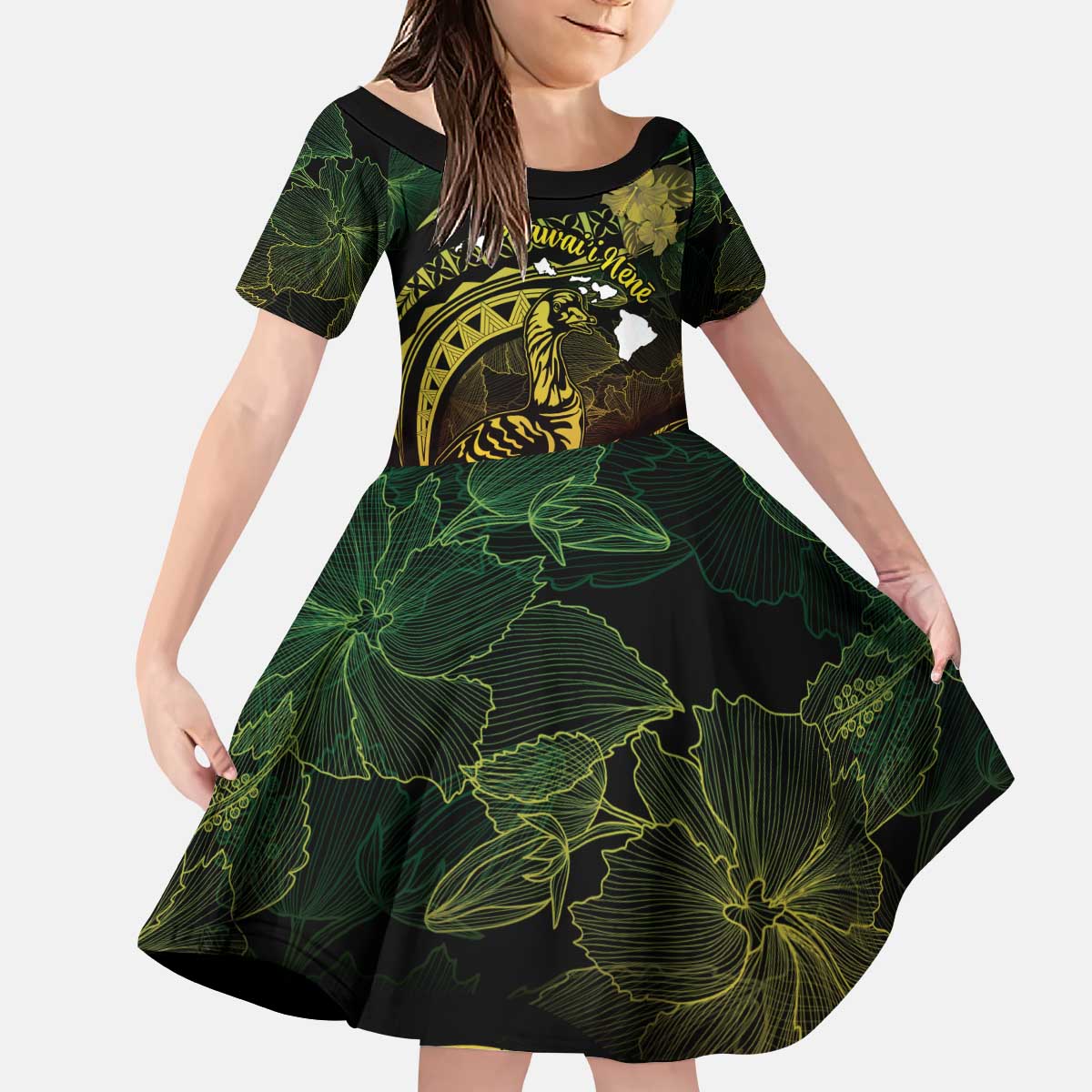 Personalised Hawaii Nene Goose Kid Short Sleeve Dress Hawaiian Map Hibiscus Polynesian Art - Reggae Gradient