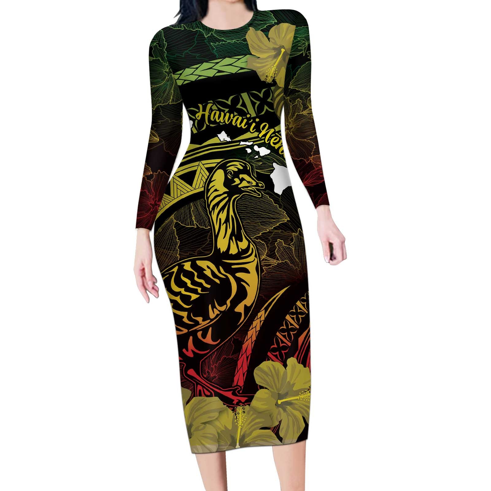 Personalised Hawaii Nene Goose Long Sleeve Bodycon Dress Hawaiian Map Hibiscus Polynesian Art - Reggae Gradient LT14 Long Dress Reggae - Polynesian Pride
