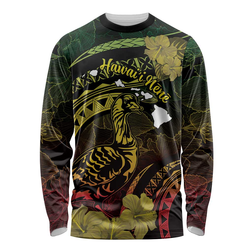Personalised Hawaii Nene Goose Long Sleeve Shirt Hawaiian Map Hibiscus Polynesian Art - Reggae Gradient LT14 Unisex Reggae - Polynesian Pride
