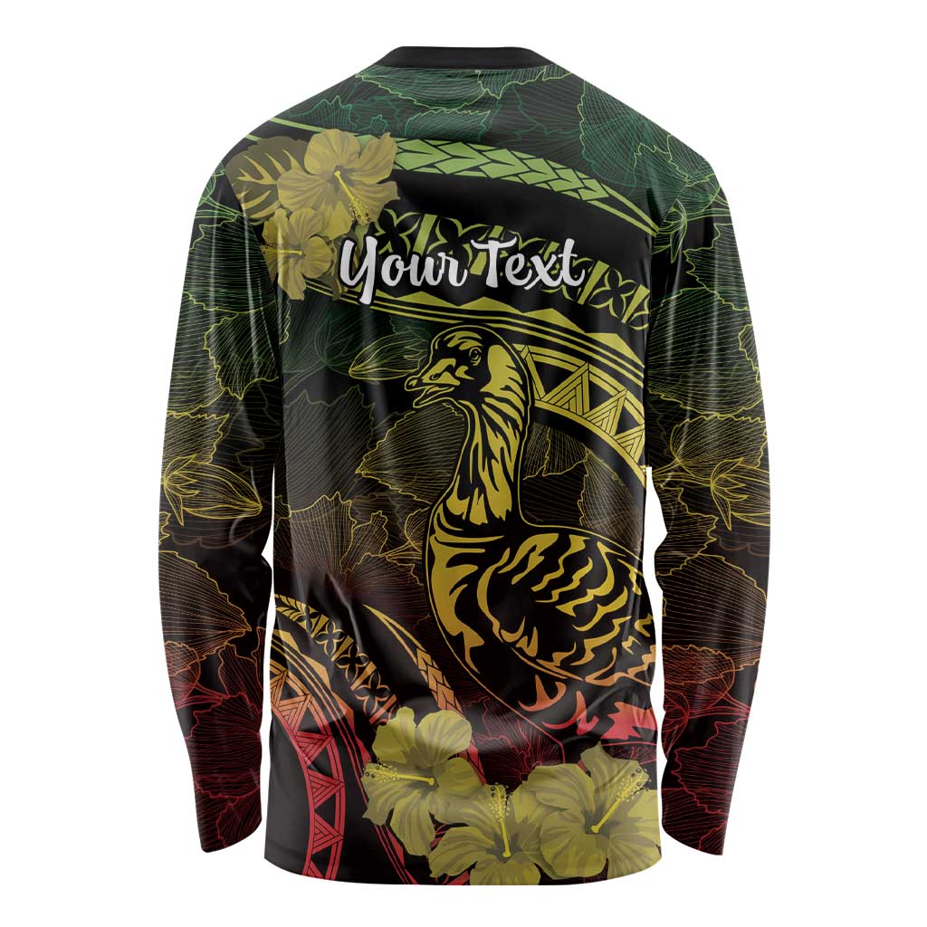 Personalised Hawaii Nene Goose Long Sleeve Shirt Hawaiian Map Hibiscus Polynesian Art - Reggae Gradient LT14 - Polynesian Pride