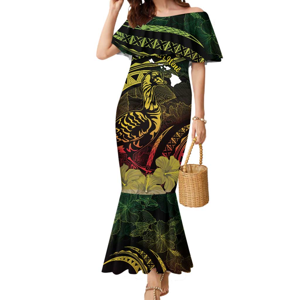 Personalised Hawaii Nene Goose Mermaid Dress Hawaiian Map Hibiscus Polynesian Art - Reggae Gradient LT14 Women Reggae - Polynesian Pride