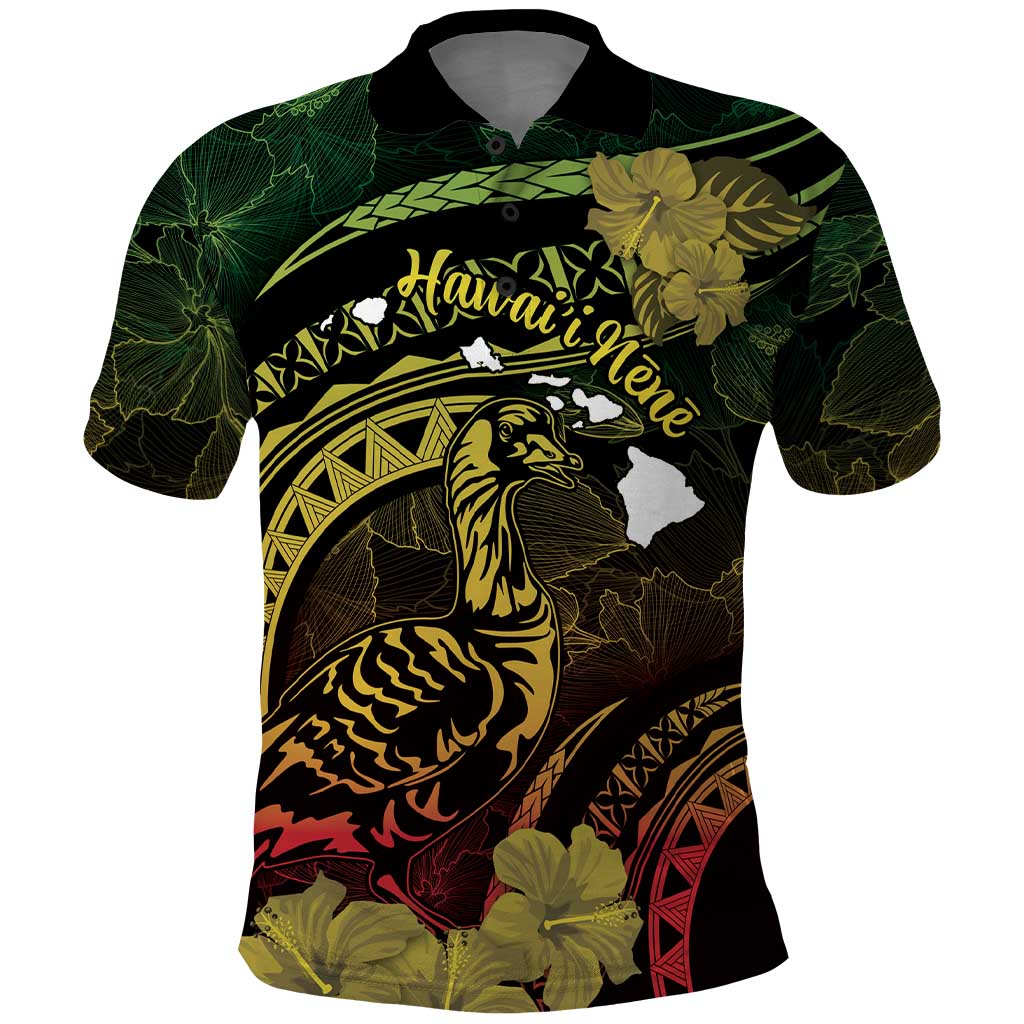 Personalised Hawaii Nene Goose Polo Shirt Hawaiian Map Hibiscus Polynesian Art - Reggae Gradient LT14 Reggae - Polynesian Pride