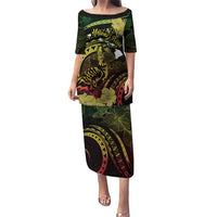 Personalised Hawaii Nene Goose Puletasi Hawaiian Map Hibiscus Polynesian Art - Reggae Gradient LT14 Long Dress Reggae - Polynesian Pride
