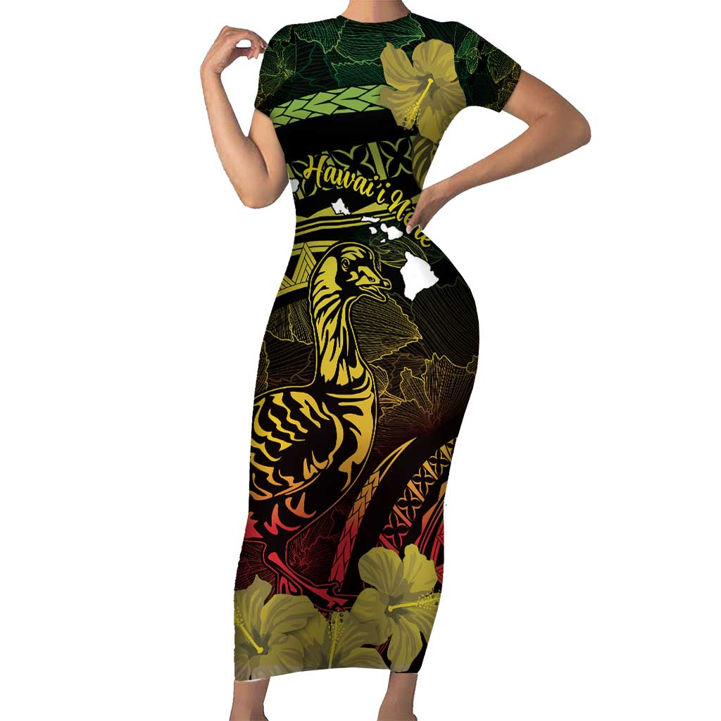 Personalised Hawaii Nene Goose Short Sleeve Bodycon Dress Hawaiian Map Hibiscus Polynesian Art - Reggae Gradient