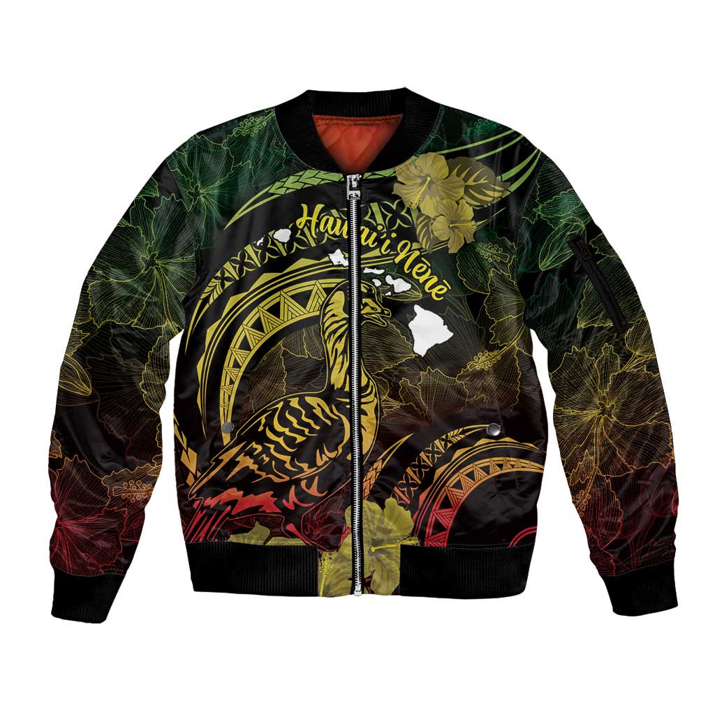 Personalised Hawaii Nene Goose Sleeve Zip Bomber Jacket Hawaiian Map Hibiscus Polynesian Art - Reggae Gradient