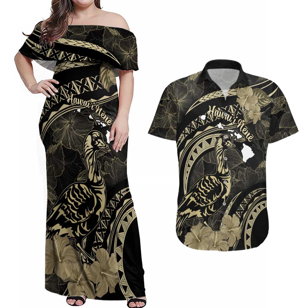 Personalised Hawaii Nene Goose Couples Matching Off Shoulder Maxi Dress and Hawaiian Shirt Hawaiian Map Hibiscus Polynesian Art - Beige