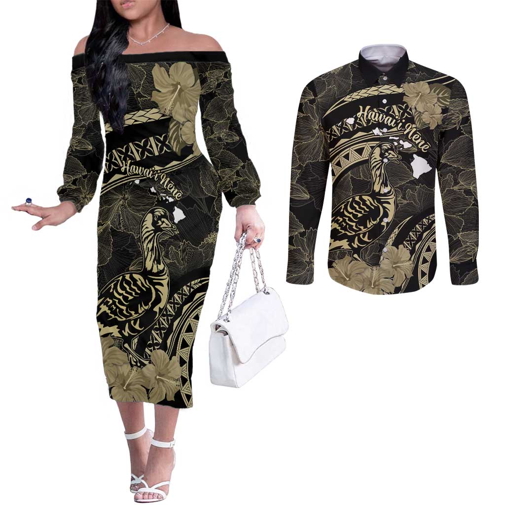 Personalised Hawaii Nene Goose Couples Matching Off The Shoulder Long Sleeve Dress and Long Sleeve Button Shirt Hawaiian Map Hibiscus Polynesian Art - Beige