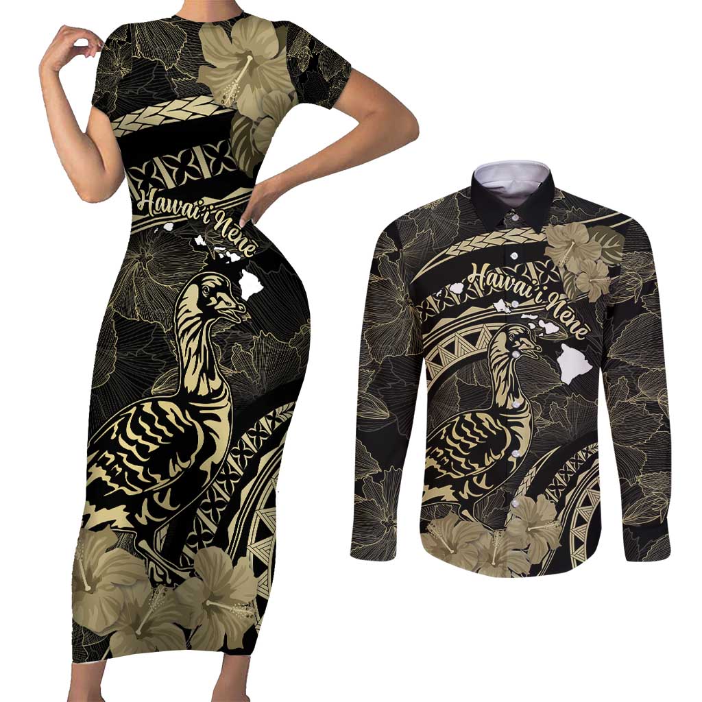 Personalised Hawaii Nene Goose Couples Matching Short Sleeve Bodycon Dress and Long Sleeve Button Shirt Hawaiian Map Hibiscus Polynesian Art - Beige