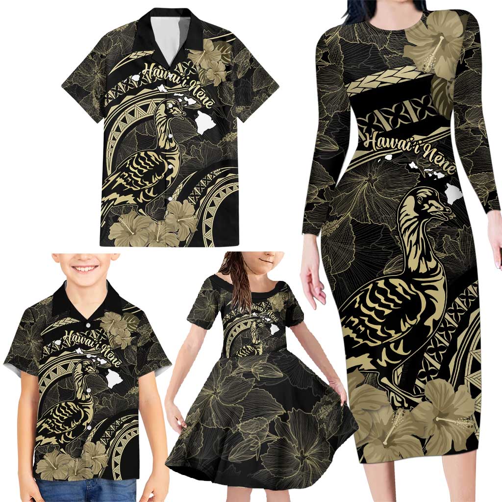 Personalised Hawaii Nene Goose Family Matching Long Sleeve Bodycon Dress and Hawaiian Shirt Hawaiian Map Hibiscus Polynesian Art - Beige