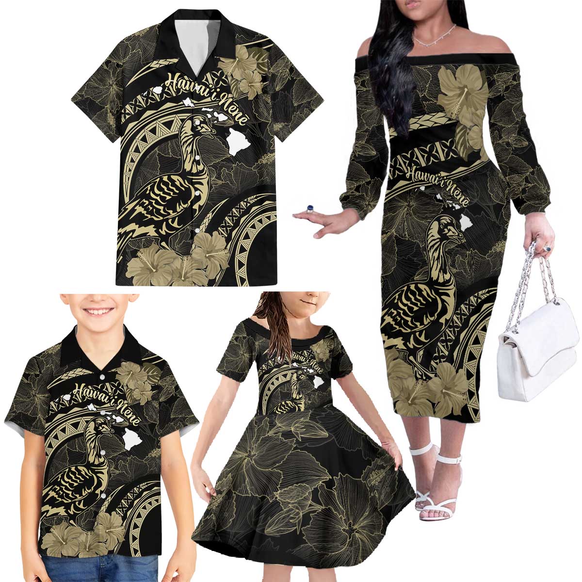 Personalised Hawaii Nene Goose Family Matching Off The Shoulder Long Sleeve Dress and Hawaiian Shirt Hawaiian Map Hibiscus Polynesian Art - Beige