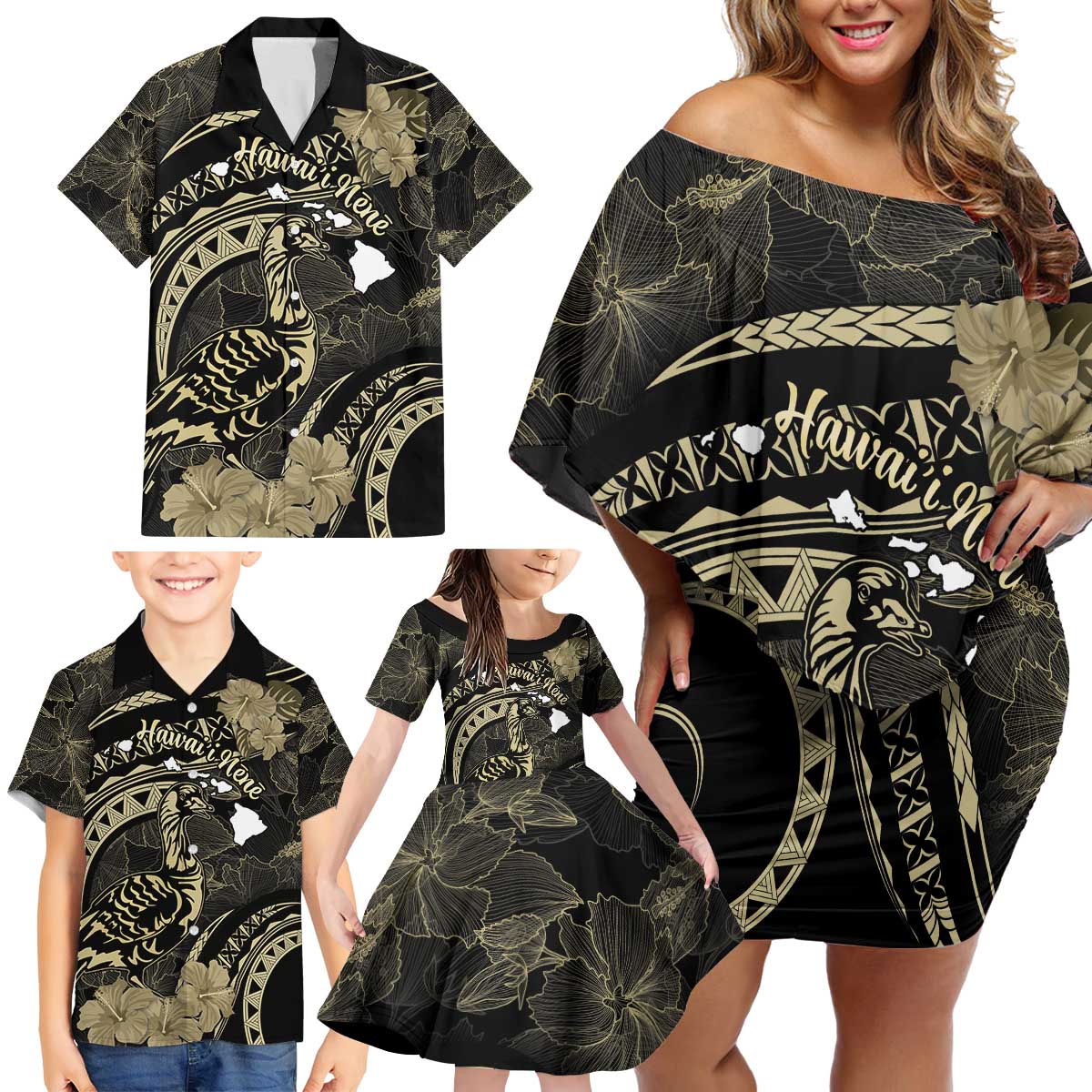 Personalised Hawaii Nene Goose Family Matching Off Shoulder Short Dress and Hawaiian Shirt Hawaiian Map Hibiscus Polynesian Art - Beige