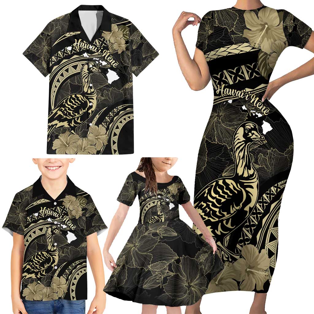 Personalised Hawaii Nene Goose Family Matching Short Sleeve Bodycon Dress and Hawaiian Shirt Hawaiian Map Hibiscus Polynesian Art - Beige