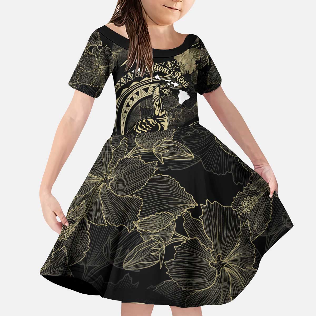 Personalised Hawaii Nene Goose Kid Short Sleeve Dress Hawaiian Map Hibiscus Polynesian Art - Beige LT14 KID Beige - Polynesian Pride