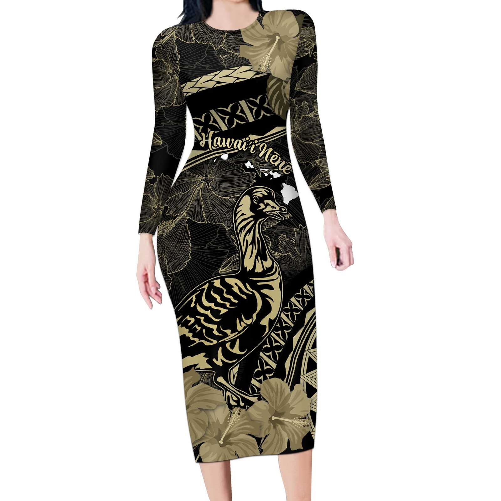 Personalised Hawaii Nene Goose Long Sleeve Bodycon Dress Hawaiian Map Hibiscus Polynesian Art - Beige LT14 Long Dress Beige - Polynesian Pride