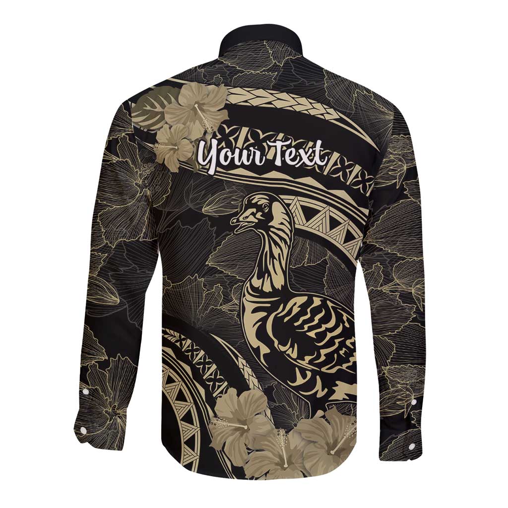 Personalised Hawaii Nene Goose Long Sleeve Button Shirt Hawaiian Map Hibiscus Polynesian Art - Beige LT14 - Polynesian Pride