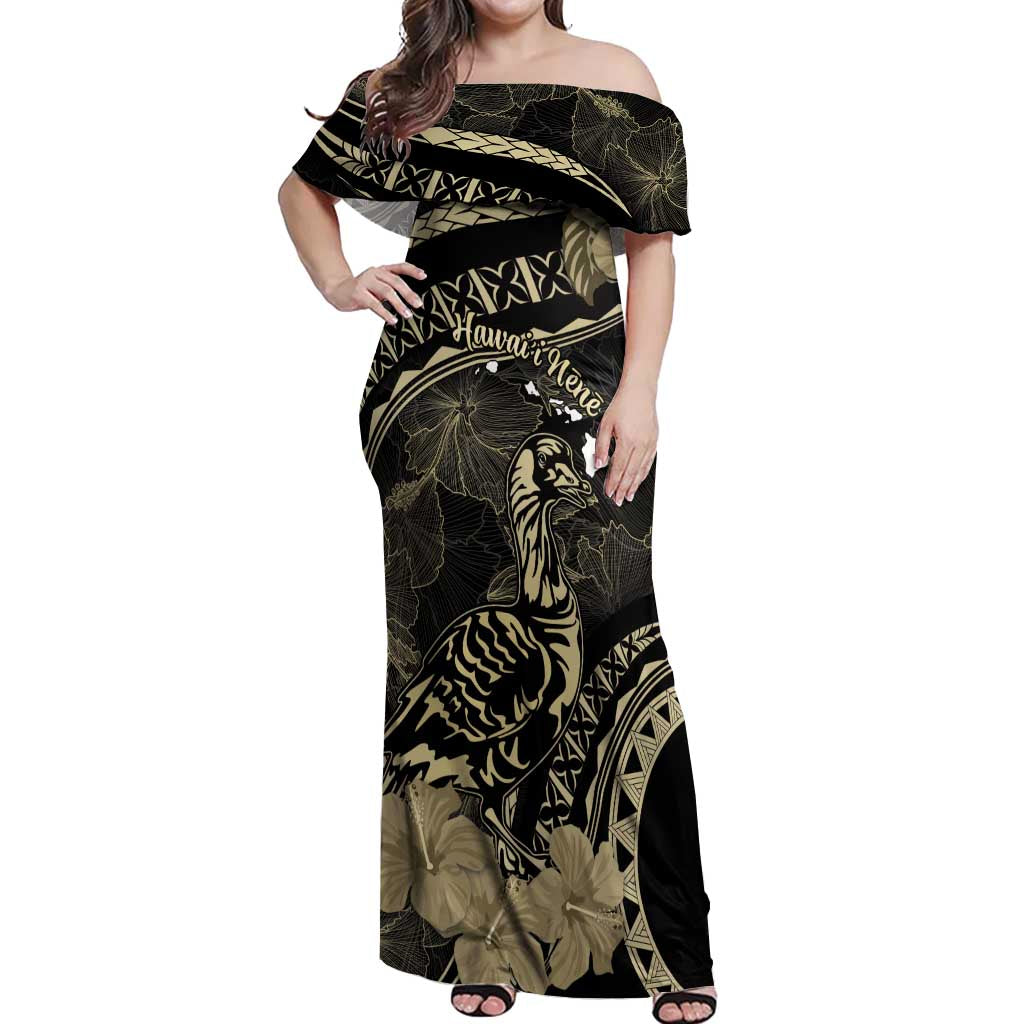 Personalised Hawaii Nene Goose Off Shoulder Maxi Dress Hawaiian Map Hibiscus Polynesian Art - Beige