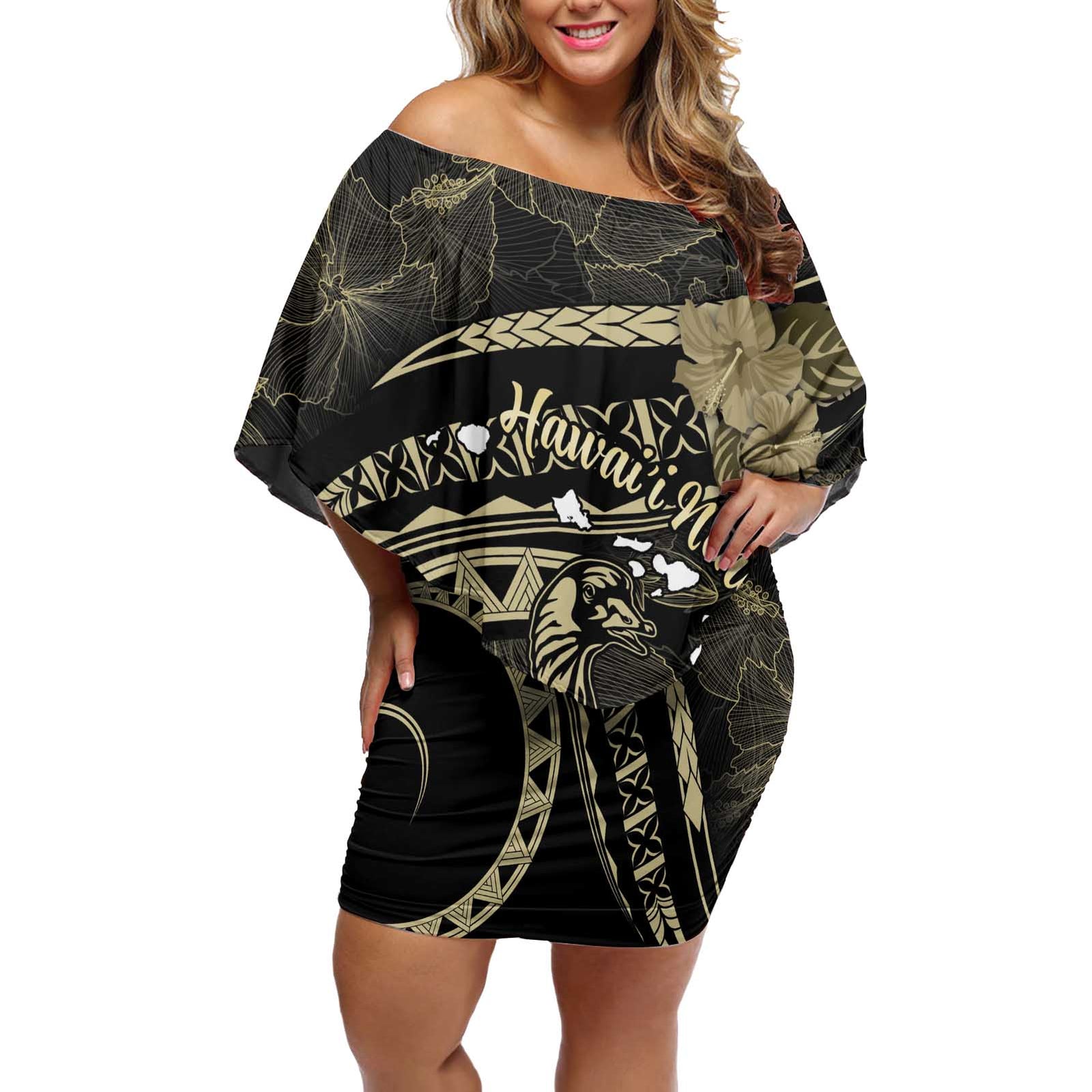 Personalised Hawaii Nene Goose Off Shoulder Short Dress Hawaiian Map Hibiscus Polynesian Art - Beige LT14 Women Beige - Polynesian Pride