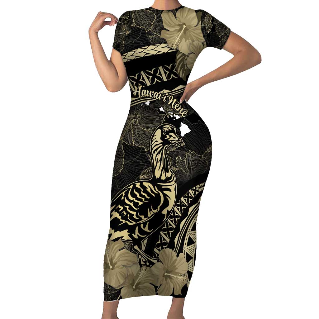 Personalised Hawaii Nene Goose Short Sleeve Bodycon Dress Hawaiian Map Hibiscus Polynesian Art - Beige LT14 Long Dress Beige - Polynesian Pride