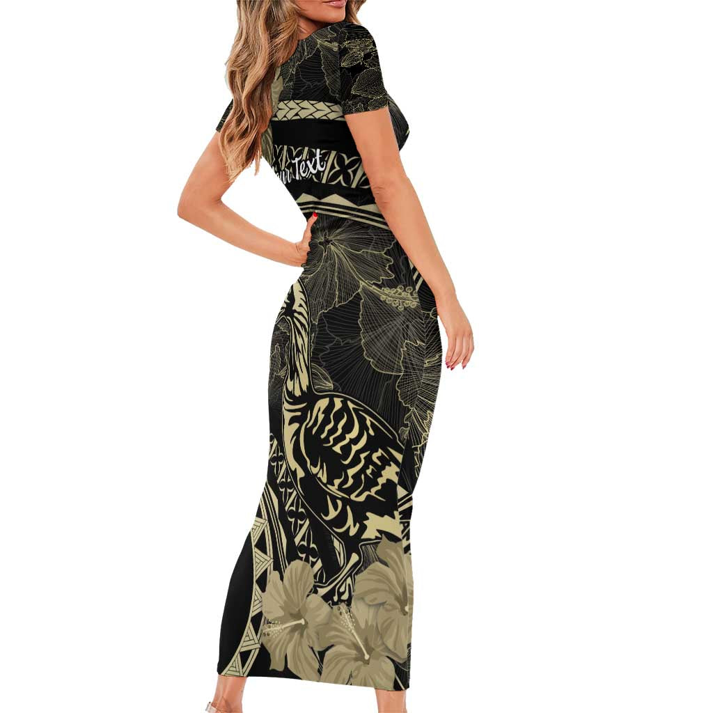 Personalised Hawaii Nene Goose Short Sleeve Bodycon Dress Hawaiian Map Hibiscus Polynesian Art - Beige LT14 - Polynesian Pride