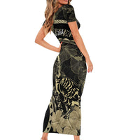 Personalised Hawaii Nene Goose Short Sleeve Bodycon Dress Hawaiian Map Hibiscus Polynesian Art - Beige LT14 - Polynesian Pride