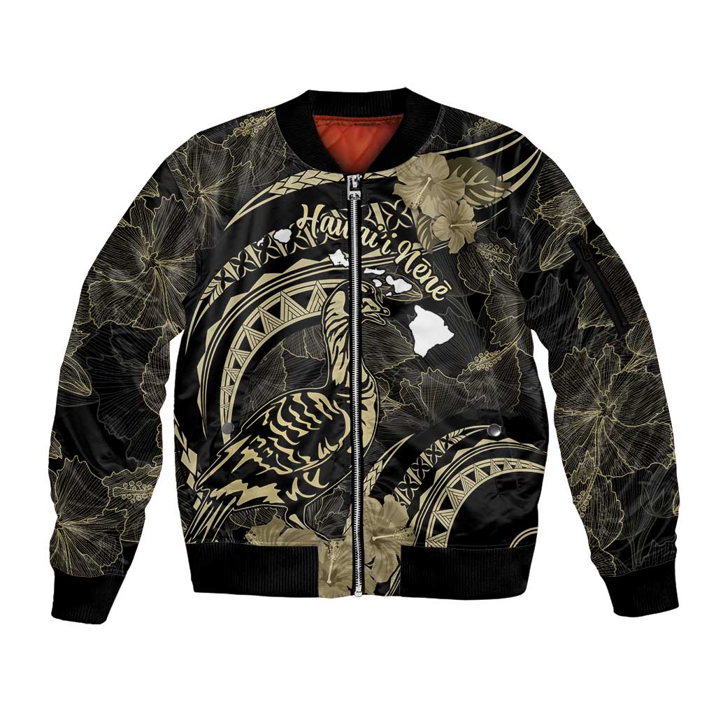 Personalised Hawaii Nene Goose Sleeve Zip Bomber Jacket Hawaiian Map Hibiscus Polynesian Art - Beige LT14 Unisex Beige - Polynesian Pride
