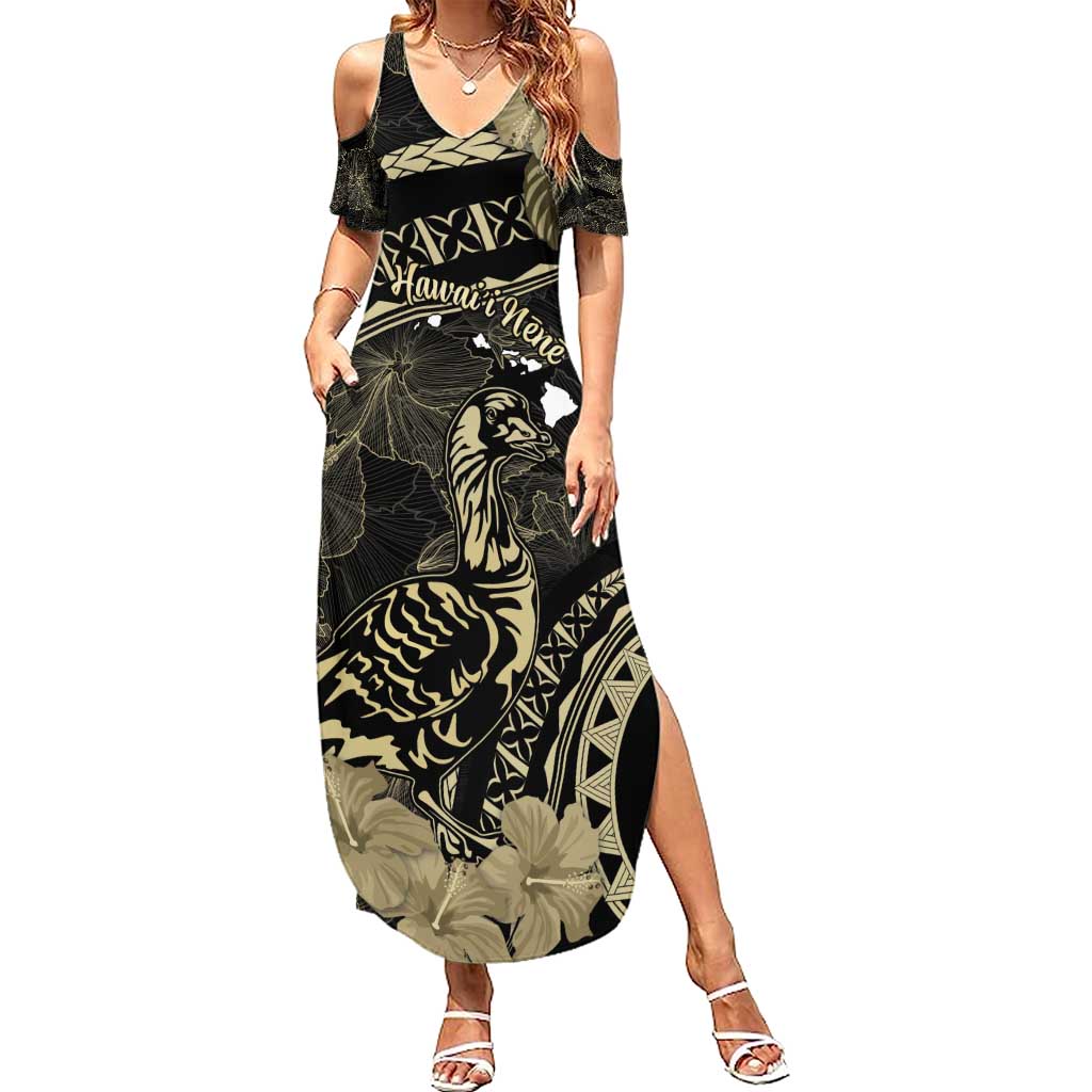 Personalised Hawaii Nene Goose Summer Maxi Dress Hawaiian Map Hibiscus Polynesian Art - Beige LT14 Women Beige - Polynesian Pride