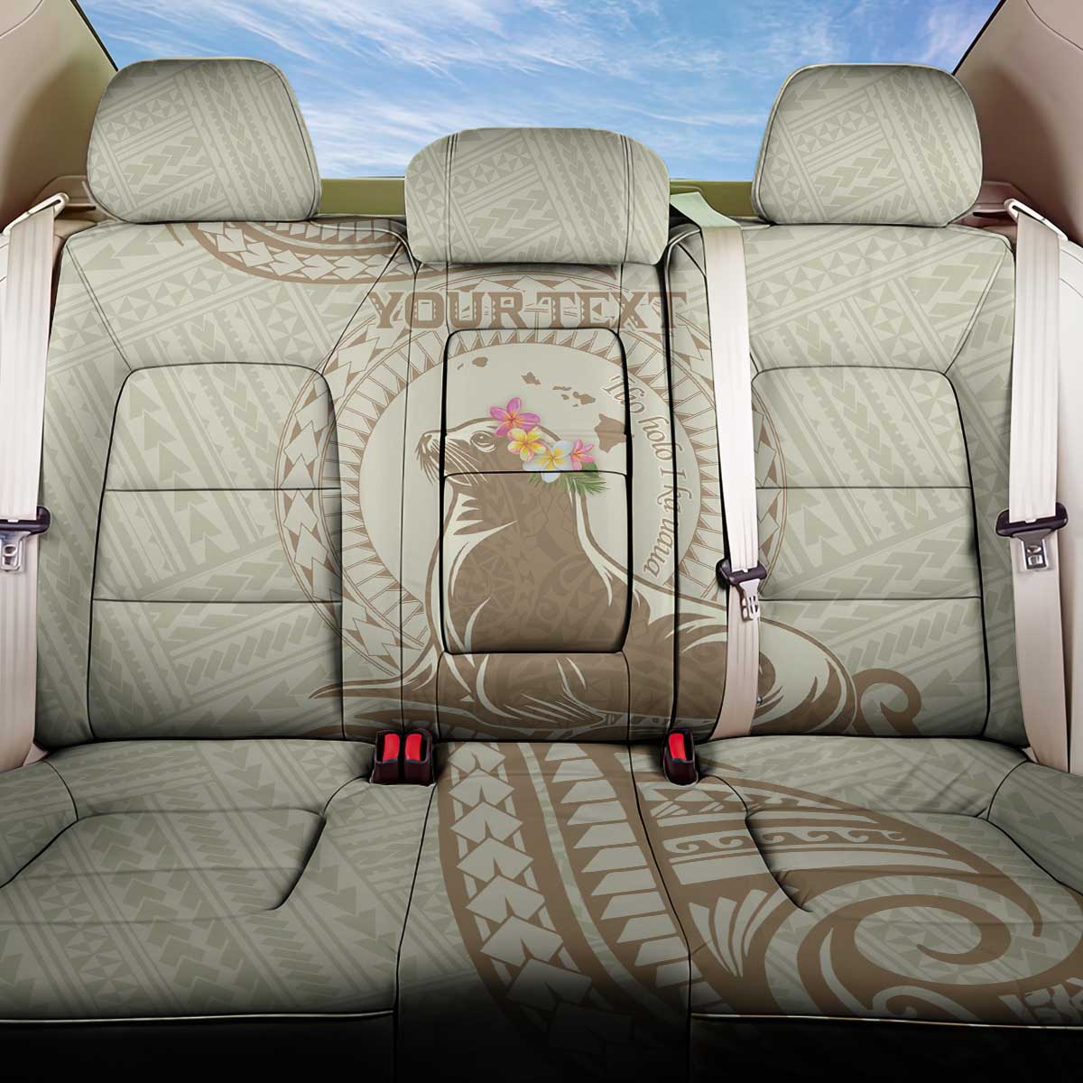 Personalised Hawaii Monk Seal Back Car Seat Cover Polynesian Tattoo With Tropical Flowers - Beige Pastel LT14 One Size Beige - Polynesian Pride