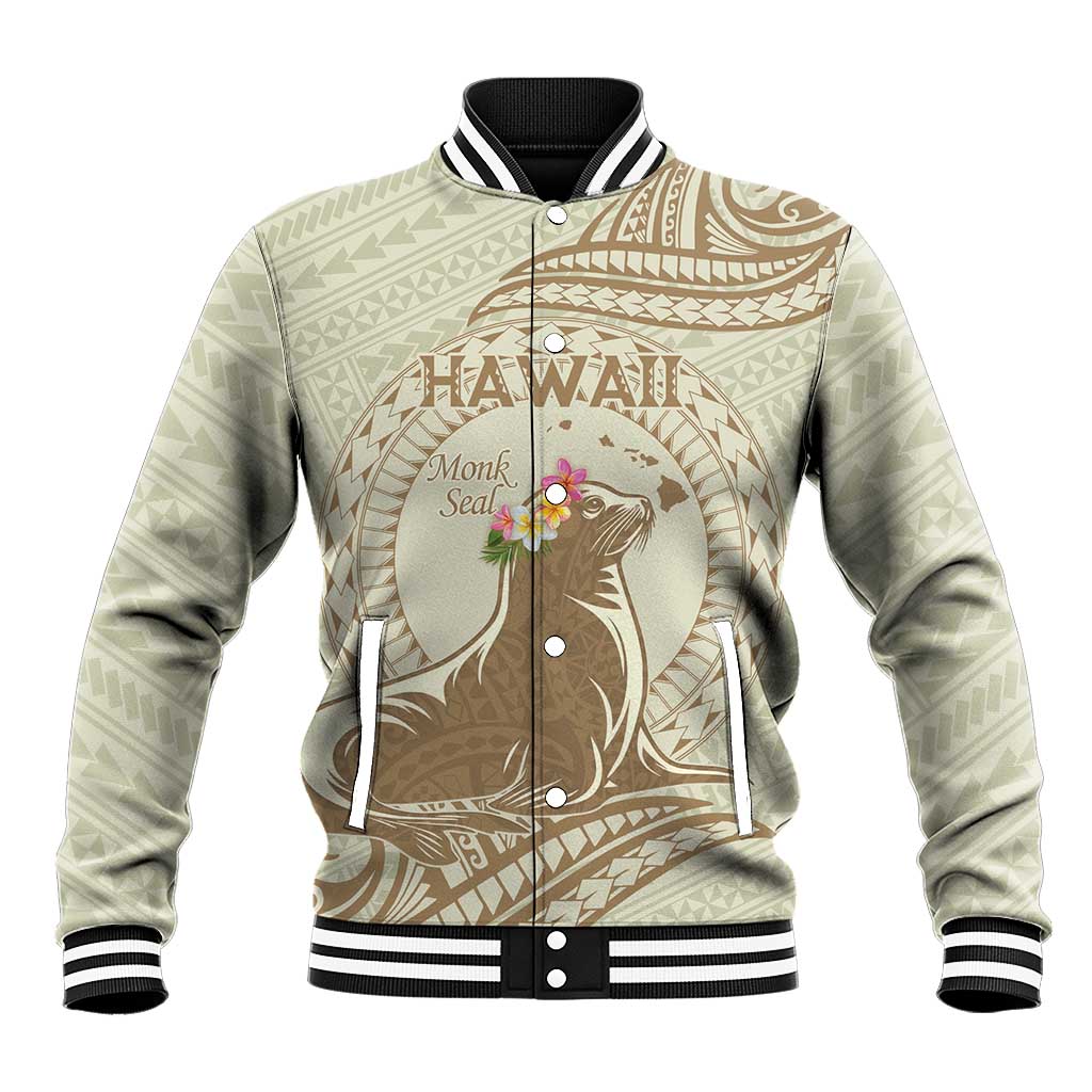 Personalised Hawaii Monk Seal Baseball Jacket Polynesian Tattoo With Tropical Flowers - Beige Pastel LT14 Unisex Beige - Polynesian Pride
