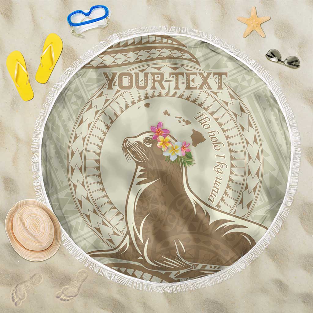 Personalised Hawaii Monk Seal Beach Blanket Polynesian Tattoo With Tropical Flowers - Beige Pastel LT14 One Size 150cm Beige - Polynesian Pride