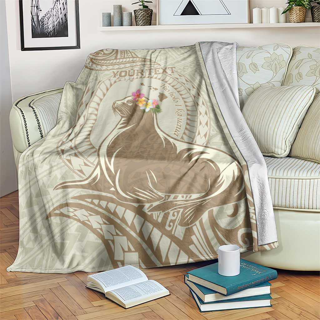 Personalised Hawaii Monk Seal Blanket Polynesian Tattoo With Tropical Flowers - Beige Pastel LT14 Beige - Polynesian Pride