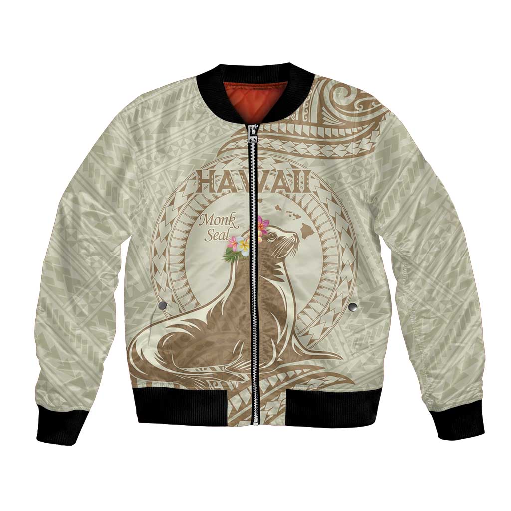 Personalised Hawaii Monk Seal Bomber Jacket Polynesian Tattoo With Tropical Flowers - Beige Pastel LT14 Unisex Beige - Polynesian Pride