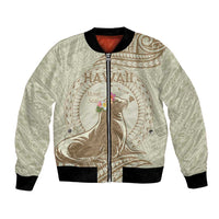 Personalised Hawaii Monk Seal Bomber Jacket Polynesian Tattoo With Tropical Flowers - Beige Pastel LT14 Unisex Beige - Polynesian Pride