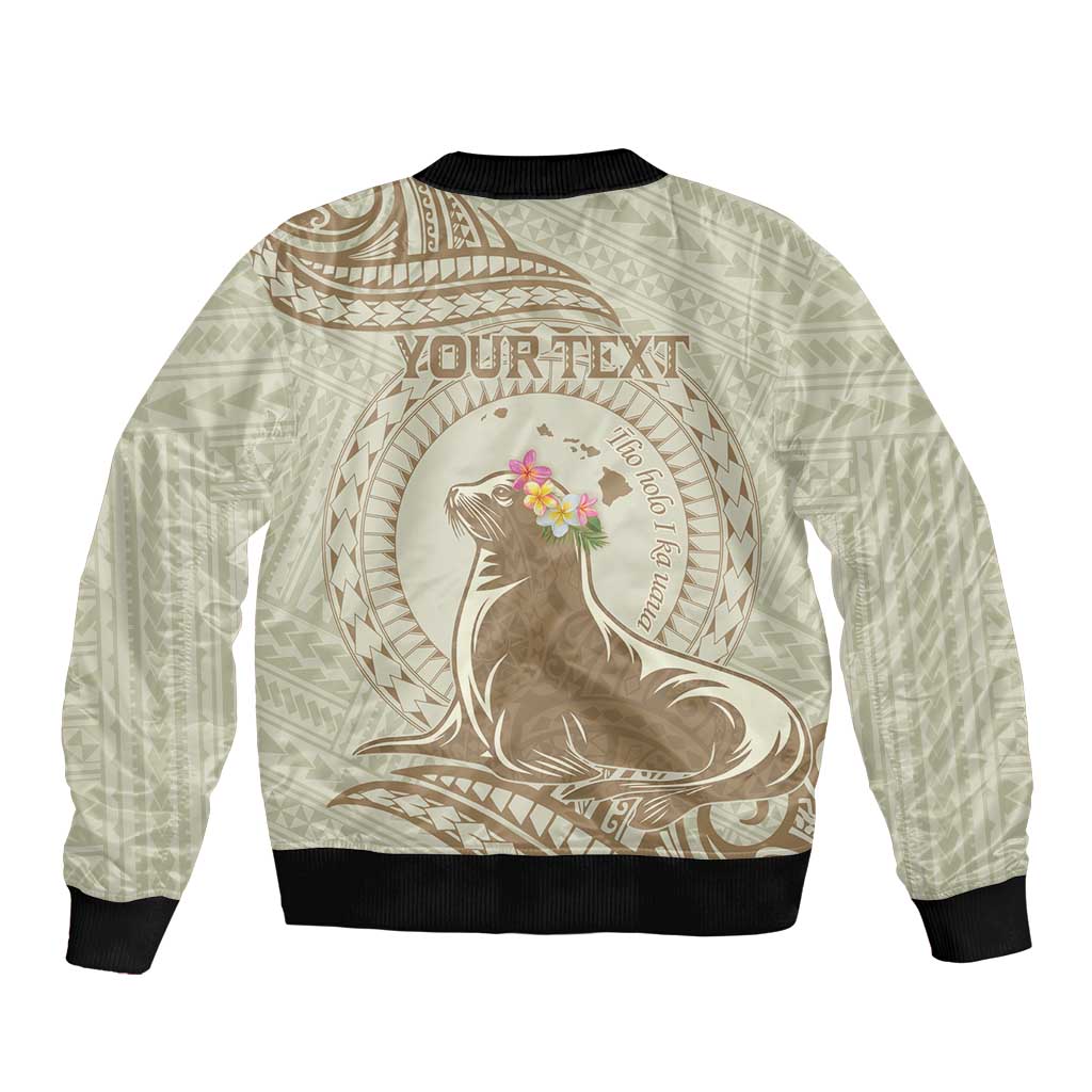 Personalised Hawaii Monk Seal Bomber Jacket Polynesian Tattoo With Tropical Flowers - Beige Pastel LT14 - Polynesian Pride