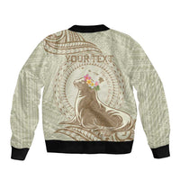 Personalised Hawaii Monk Seal Bomber Jacket Polynesian Tattoo With Tropical Flowers - Beige Pastel LT14 - Polynesian Pride