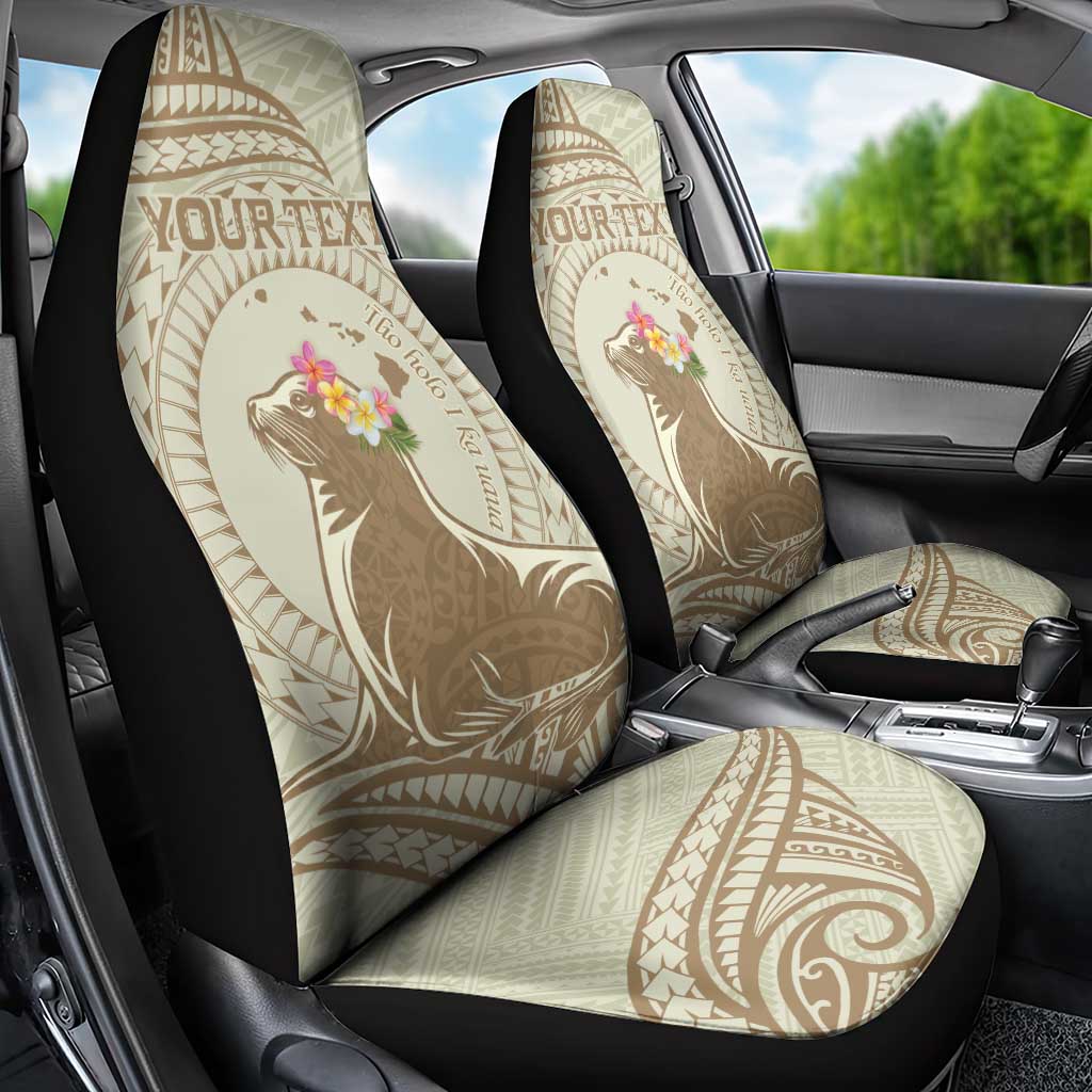 Personalised Hawaii Monk Seal Car Seat Cover Polynesian Tattoo With Tropical Flowers - Beige Pastel LT14 - Polynesian Pride