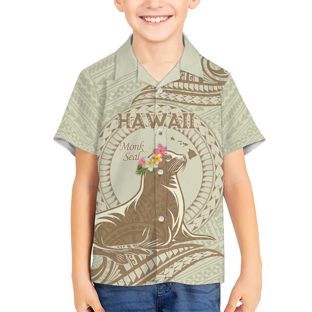 Personalised Hawaii Monk Seal Kid Hawaiian Shirt Polynesian Tattoo With Tropical Flowers - Beige Pastel LT14 Kid Beige - Polynesian Pride