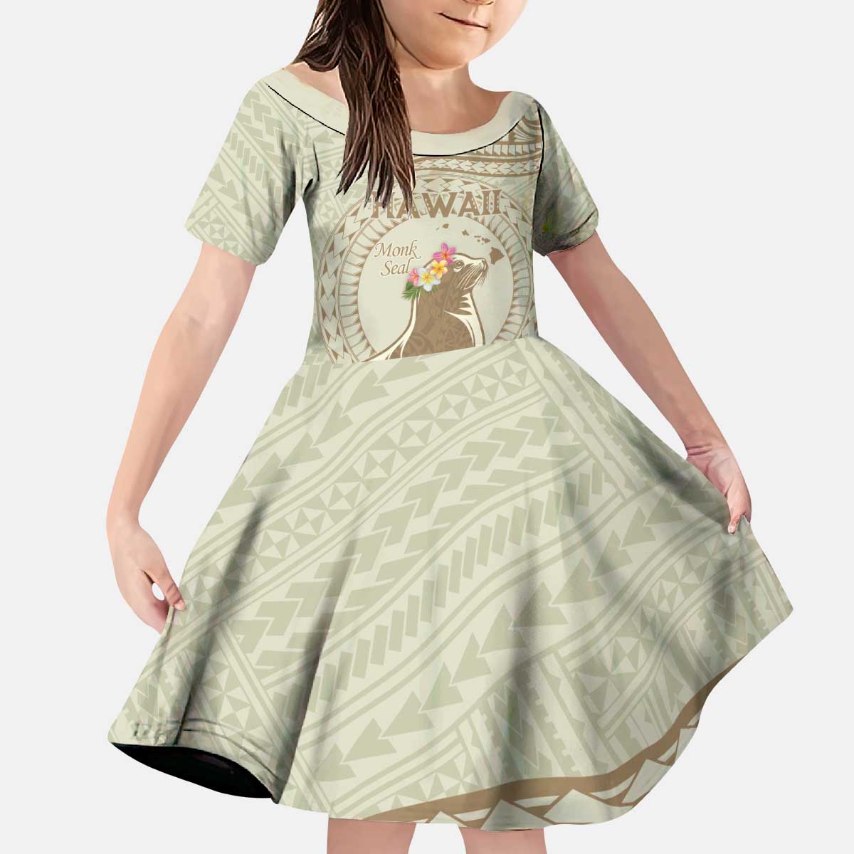 Personalised Hawaii Monk Seal Kid Short Sleeve Dress Polynesian Tattoo With Tropical Flowers - Beige Pastel LT14 KID Beige - Polynesian Pride