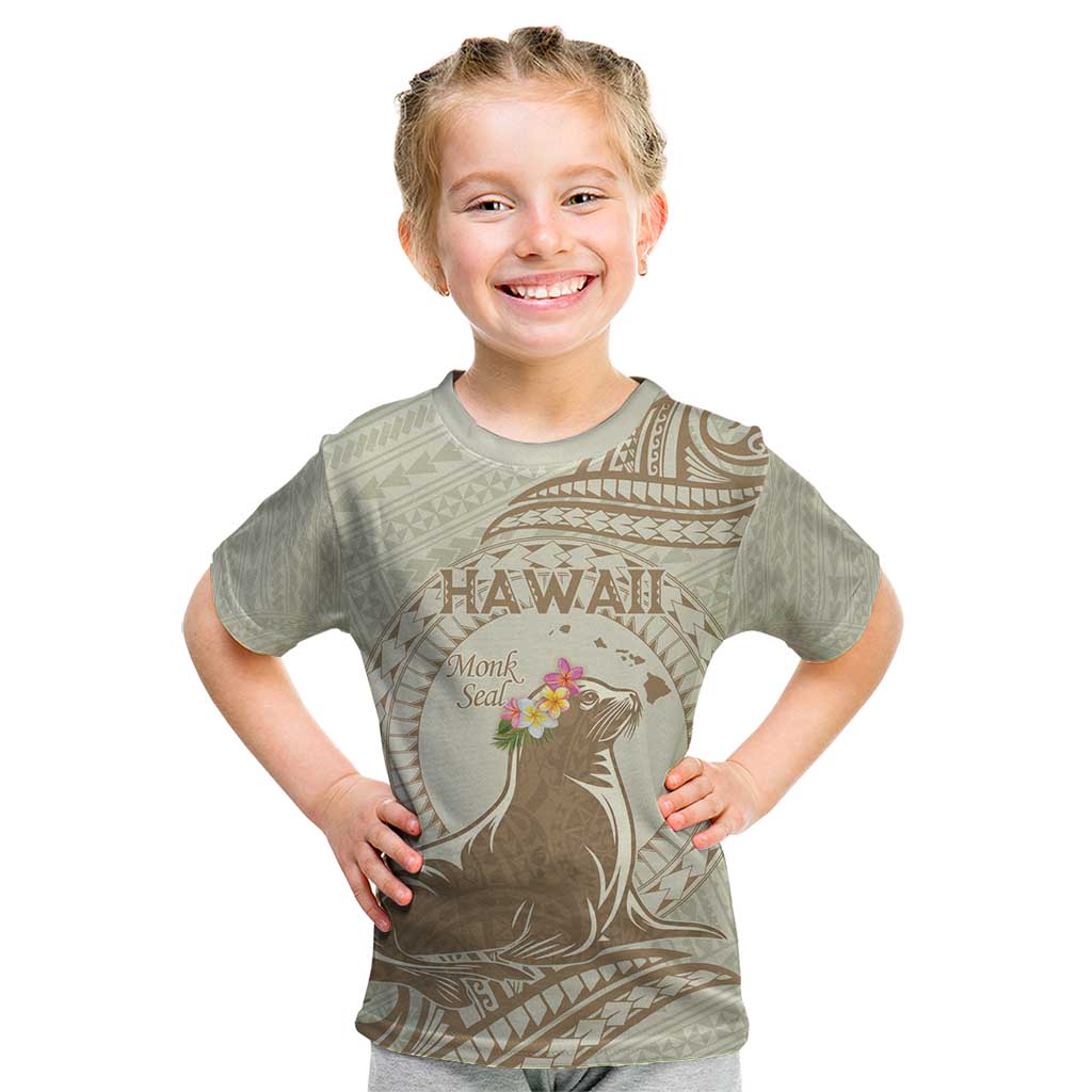 Personalised Hawaii Monk Seal Kid T Shirt Polynesian Tattoo With Tropical Flowers - Beige Pastel LT14 Beige - Polynesian Pride