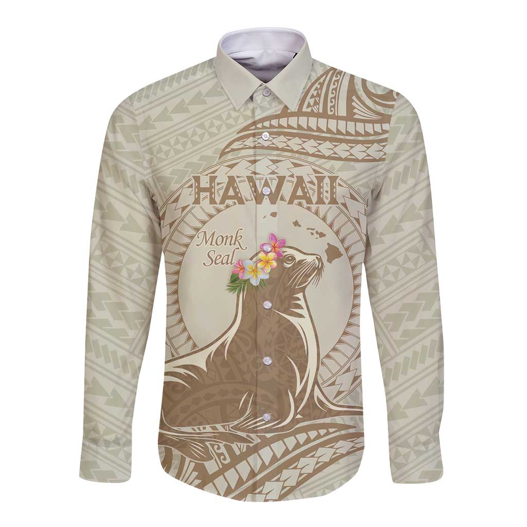 Personalised Hawaii Monk Seal Long Sleeve Button Shirt Polynesian Tattoo With Tropical Flowers - Beige Pastel LT14 Unisex Beige - Polynesian Pride