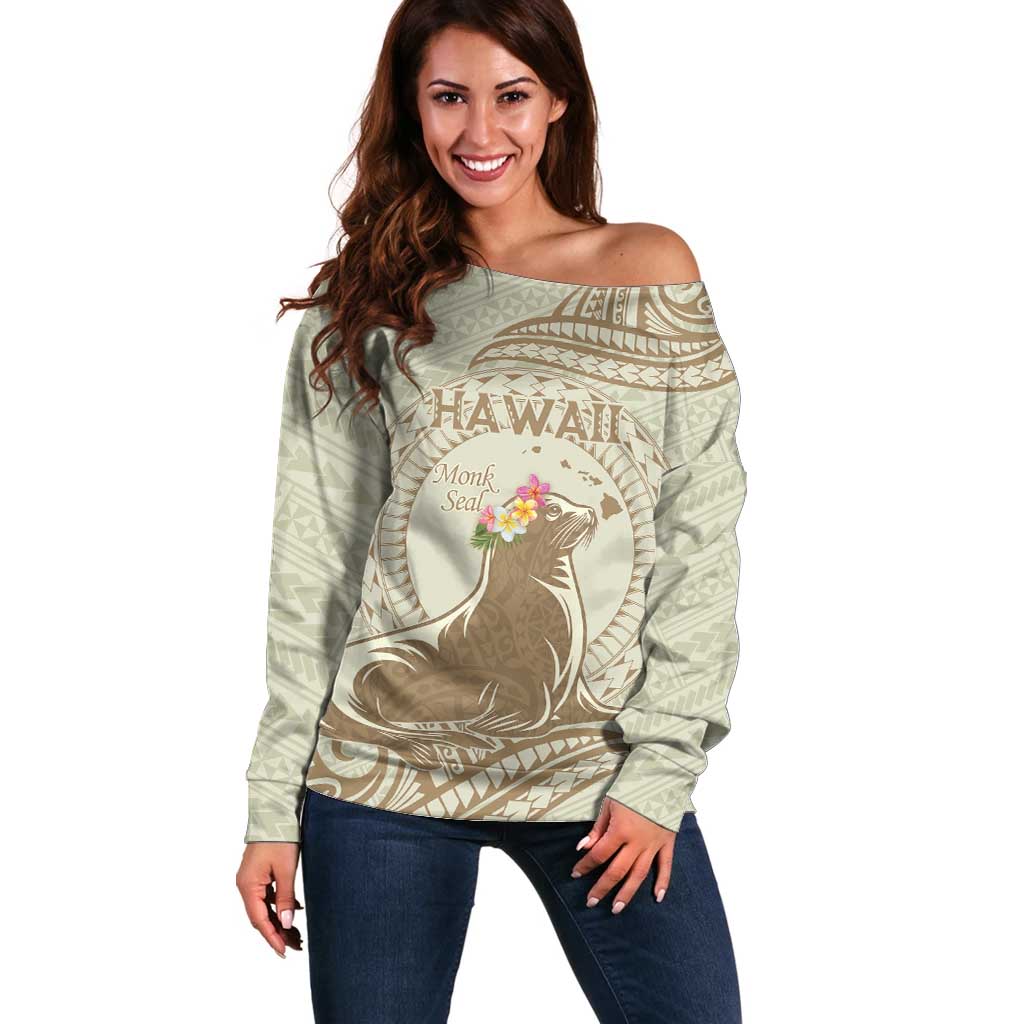 Personalised Hawaii Monk Seal Off Shoulder Sweater Polynesian Tattoo With Tropical Flowers - Beige Pastel LT14 Women Beige - Polynesian Pride