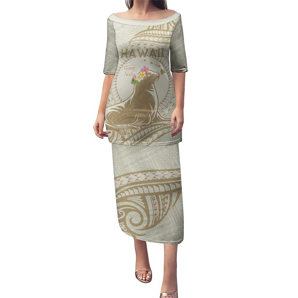 Personalised Hawaii Monk Seal Puletasi Polynesian Tattoo With Tropical Flowers - Beige Pastel LT14 Long Dress Beige - Polynesian Pride