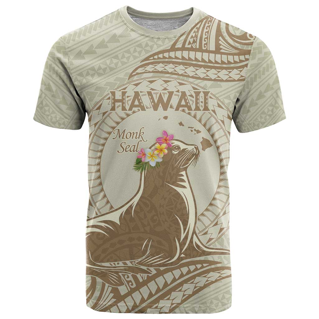 Personalised Hawaii Monk Seal T Shirt Polynesian Tattoo With Tropical Flowers - Beige Pastel LT14 Beige - Polynesian Pride