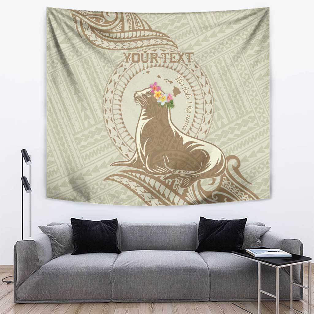 Personalised Hawaii Monk Seal Tapestry Polynesian Tattoo With Tropical Flowers - Beige Pastel LT14 Beige - Polynesian Pride