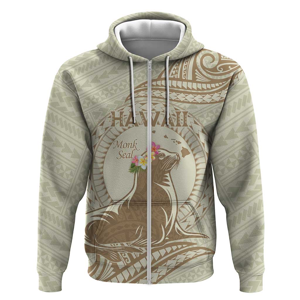 Personalised Hawaii Monk Seal Zip Hoodie Polynesian Tattoo With Tropical Flowers - Beige Pastel LT14 Zip Hoodie Beige - Polynesian Pride